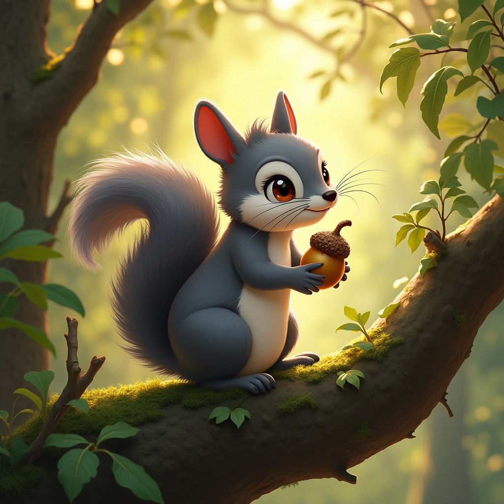 Charming Squirrel with Acorn in Dreamlike Forest