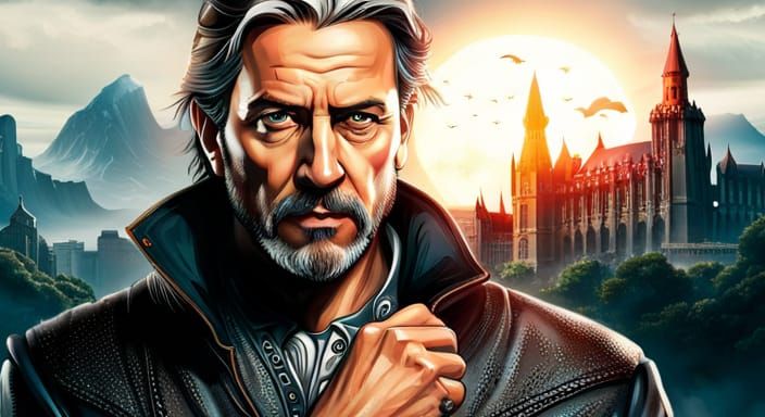 Warlock Wizard Portrait with Magic Spell and Castle