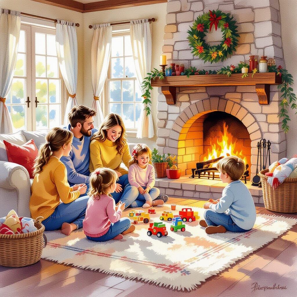 Cozy Sunlit Living Room with Happy Family