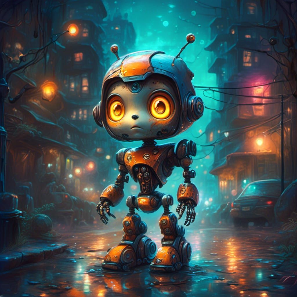Adorable Chibi Robot Cub in Bioluminescent Suburbs