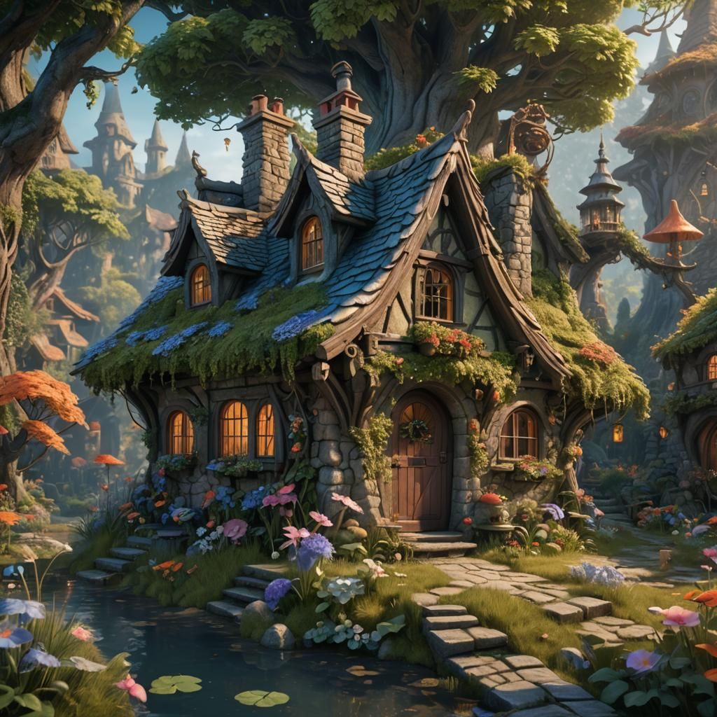 Fairytale Cottage: Detailed Matte Painting in Fantasy Style