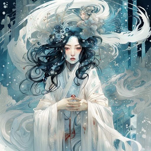 Icy Yuki Onna in Iridescent Ink Flow Art
