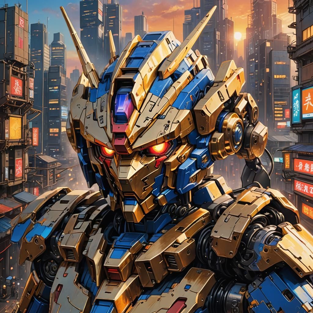 Anime Gundam Portrait in Futuristic Cityscape