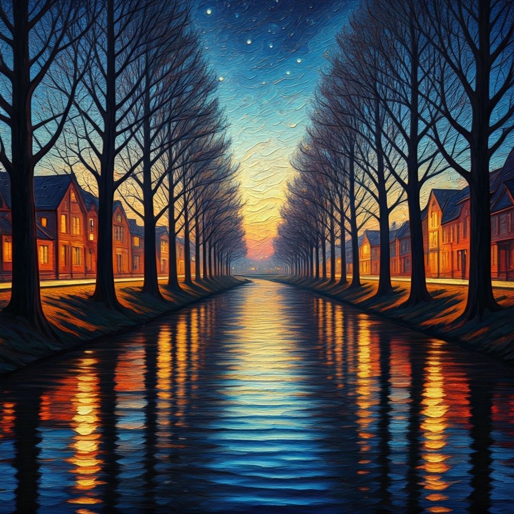 Surreal Oil Painting of Coastal Village Under Cosmic Sky