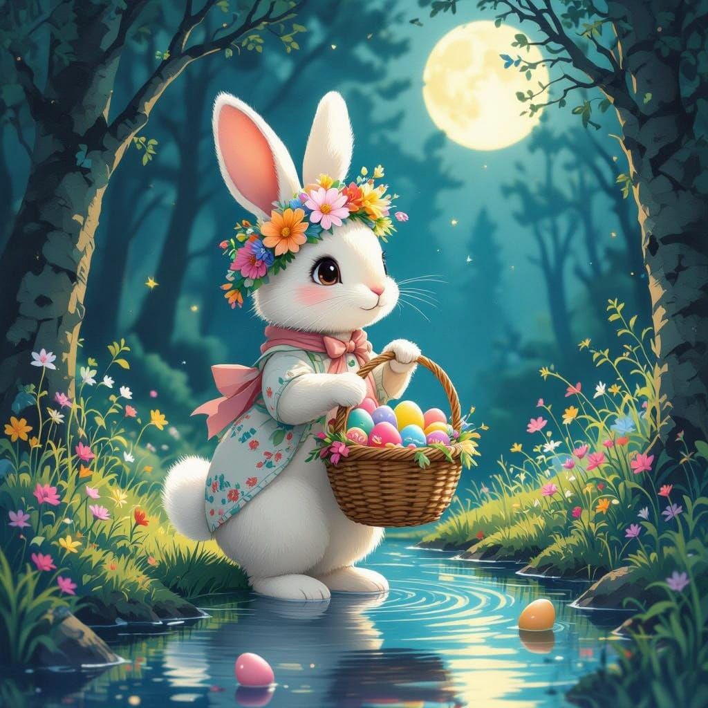 Whimsical Easter Bunny in Lush Moonlit Forest