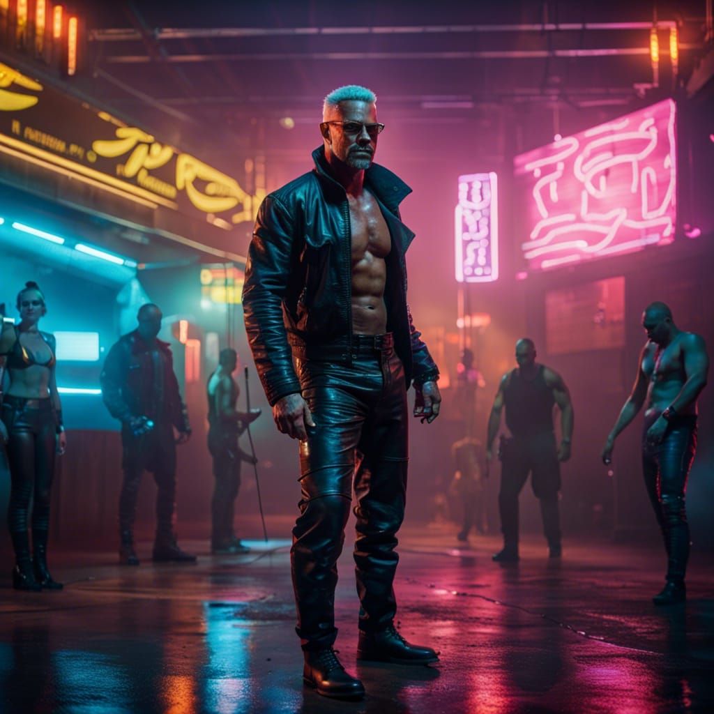 Cyberpunk Man Poses Outside Club at Night