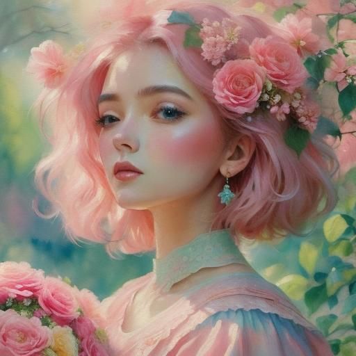 Woman with Pink Flowers in Monet-Inspired Watercolor