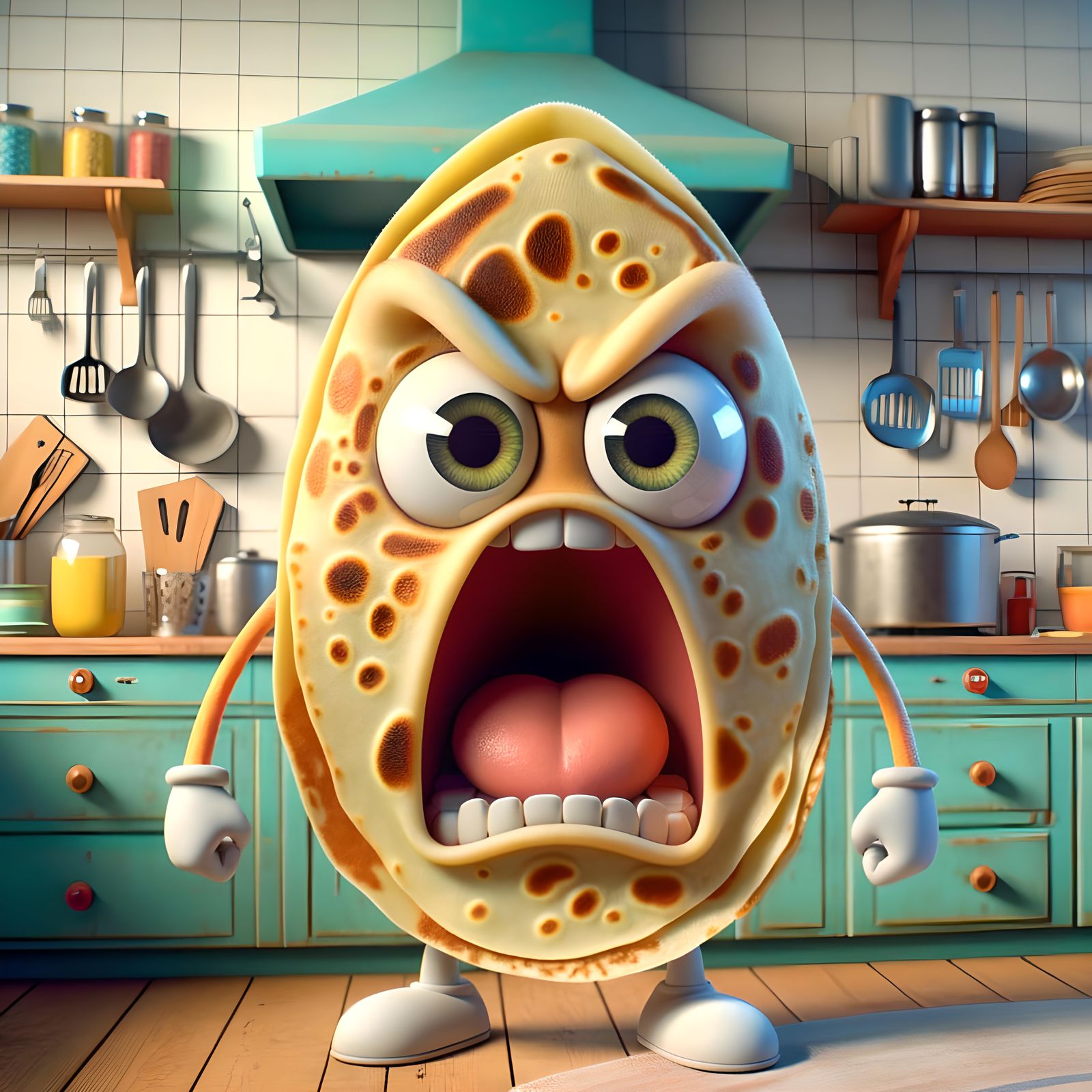 Angry Cartoon Crepe in Colorful CGI Kitchen
