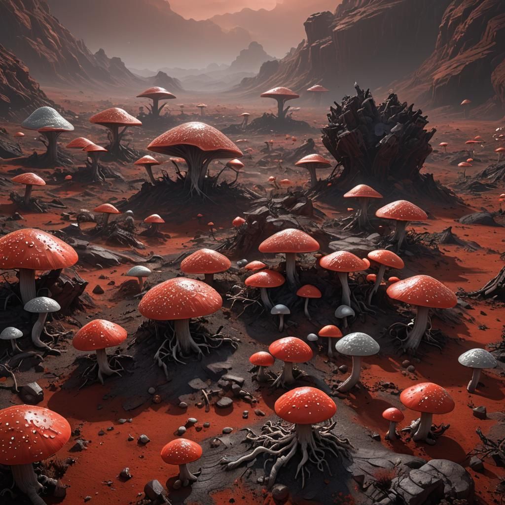 Martian Dreamscape: Filigree Mushrooms on Red Planet
