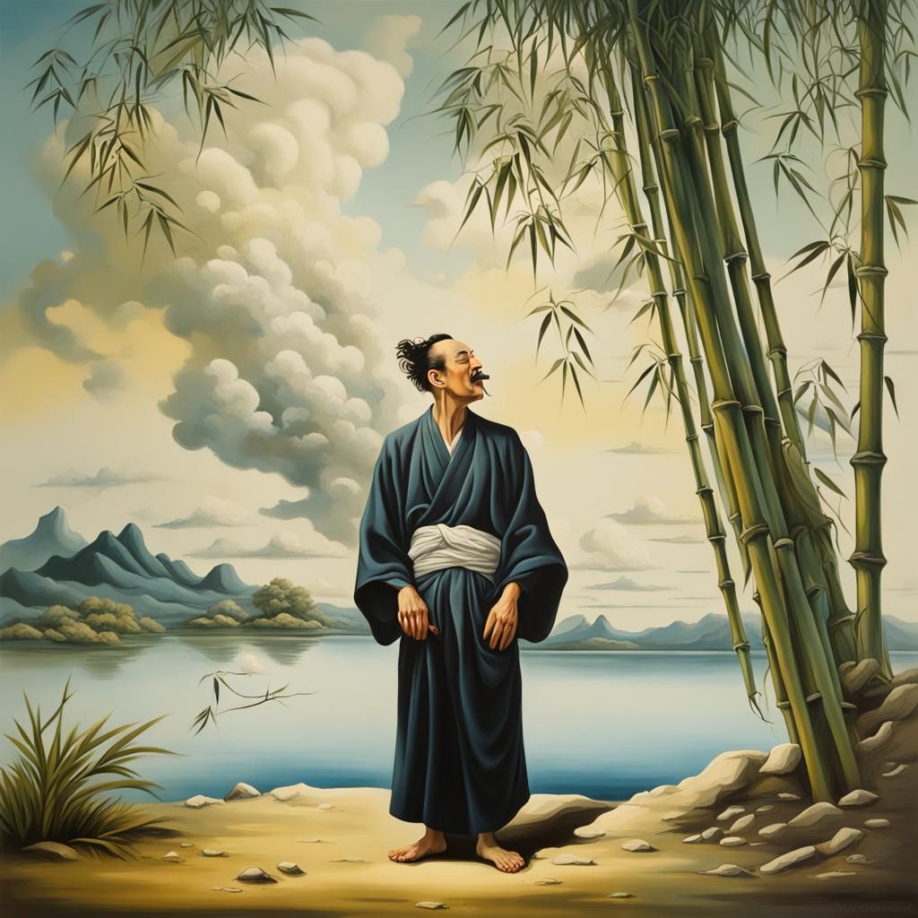 Taoist Master Laughing Under Bamboo Tree in Surreal Style