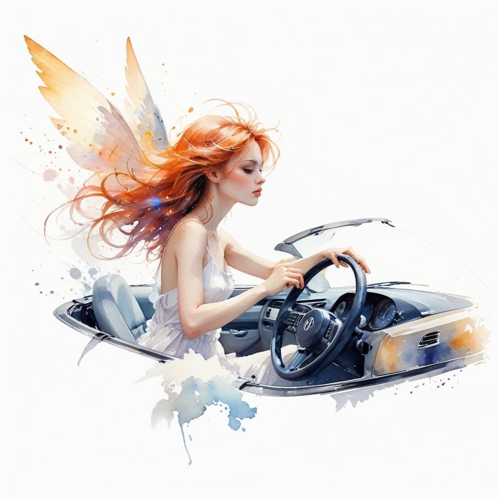Faerie in Cabriolet: Watercolor Fantasy Portrait