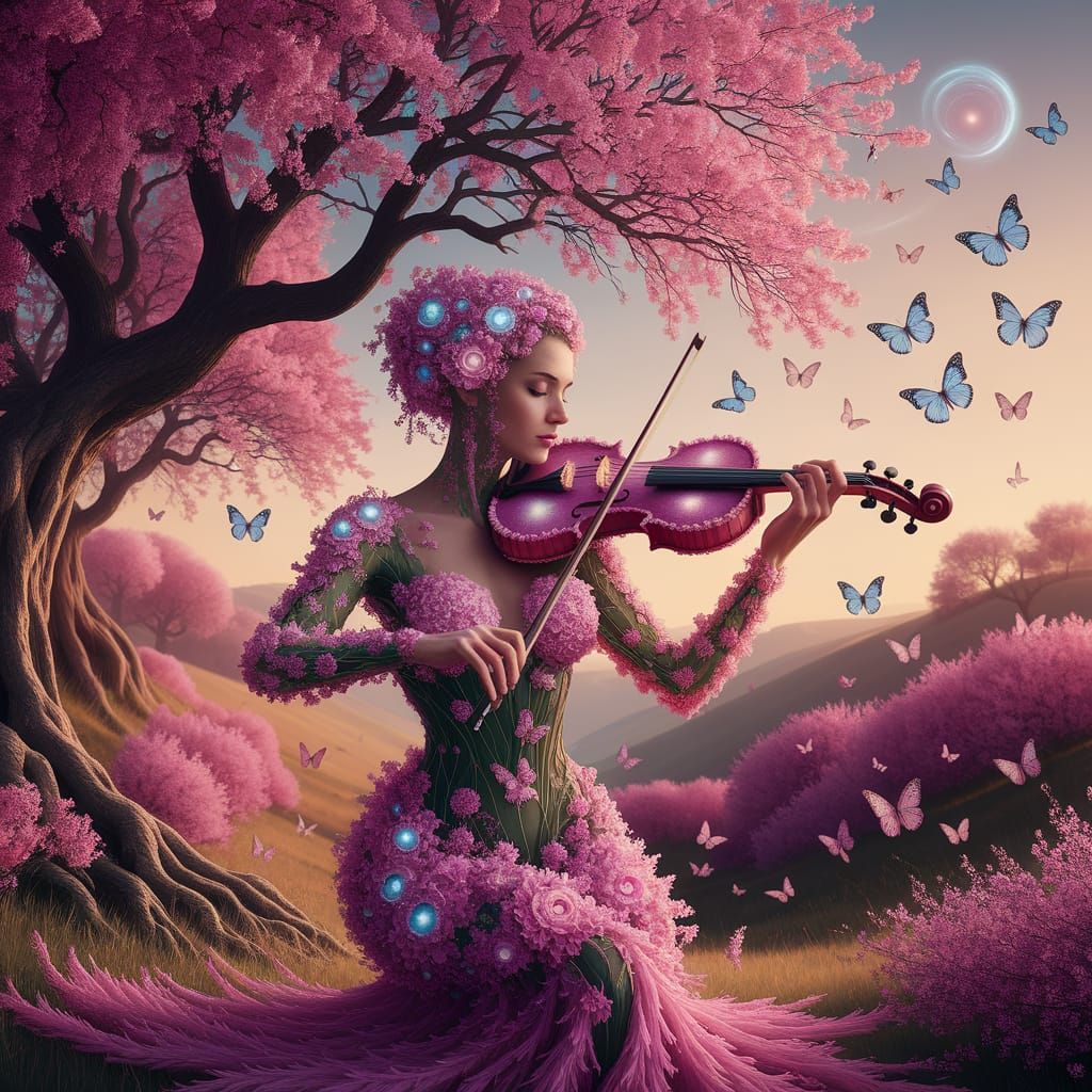 Floral Woman Playing Violin in Surrealist Style