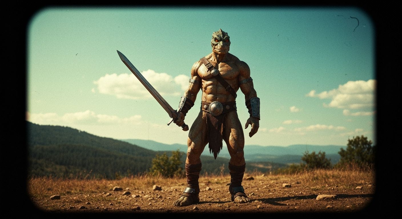 Reptilian Warrior in Dark Fantasy Landscape