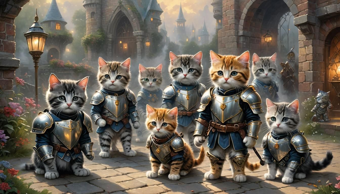 Armoured Kittens in Ethereal Fantasy Landscape