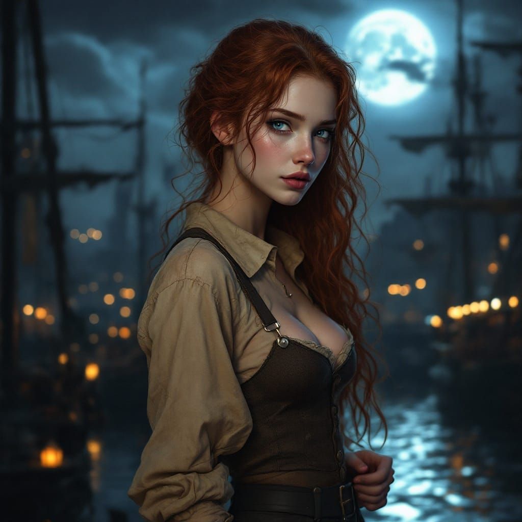 Romanticized Harbor Cityscape with Enchanting Young Woman