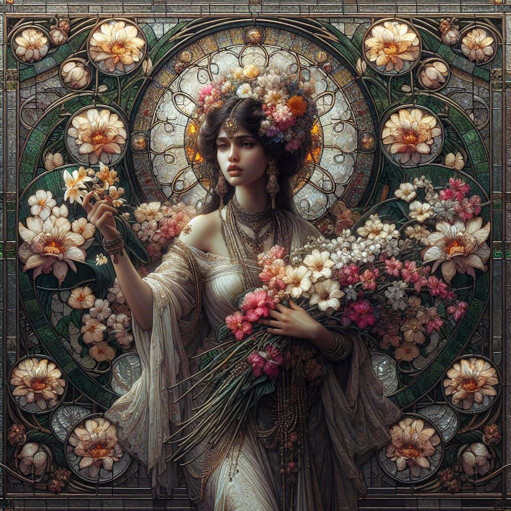 Art Nouveau Glass Painting of South Asian Woman