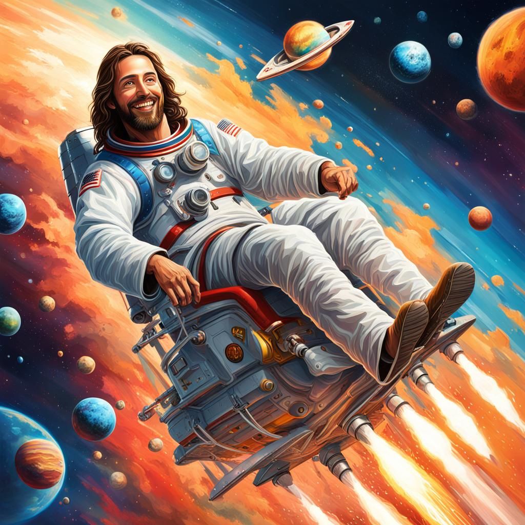 Jesus Christ Rides Rocket to Space: Hyperrealistic Art