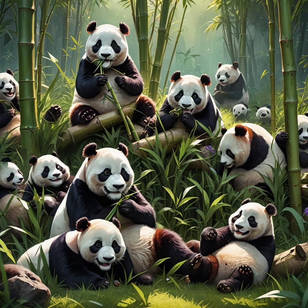 Pandas Eating Bamboo: Detailed Matte Painting