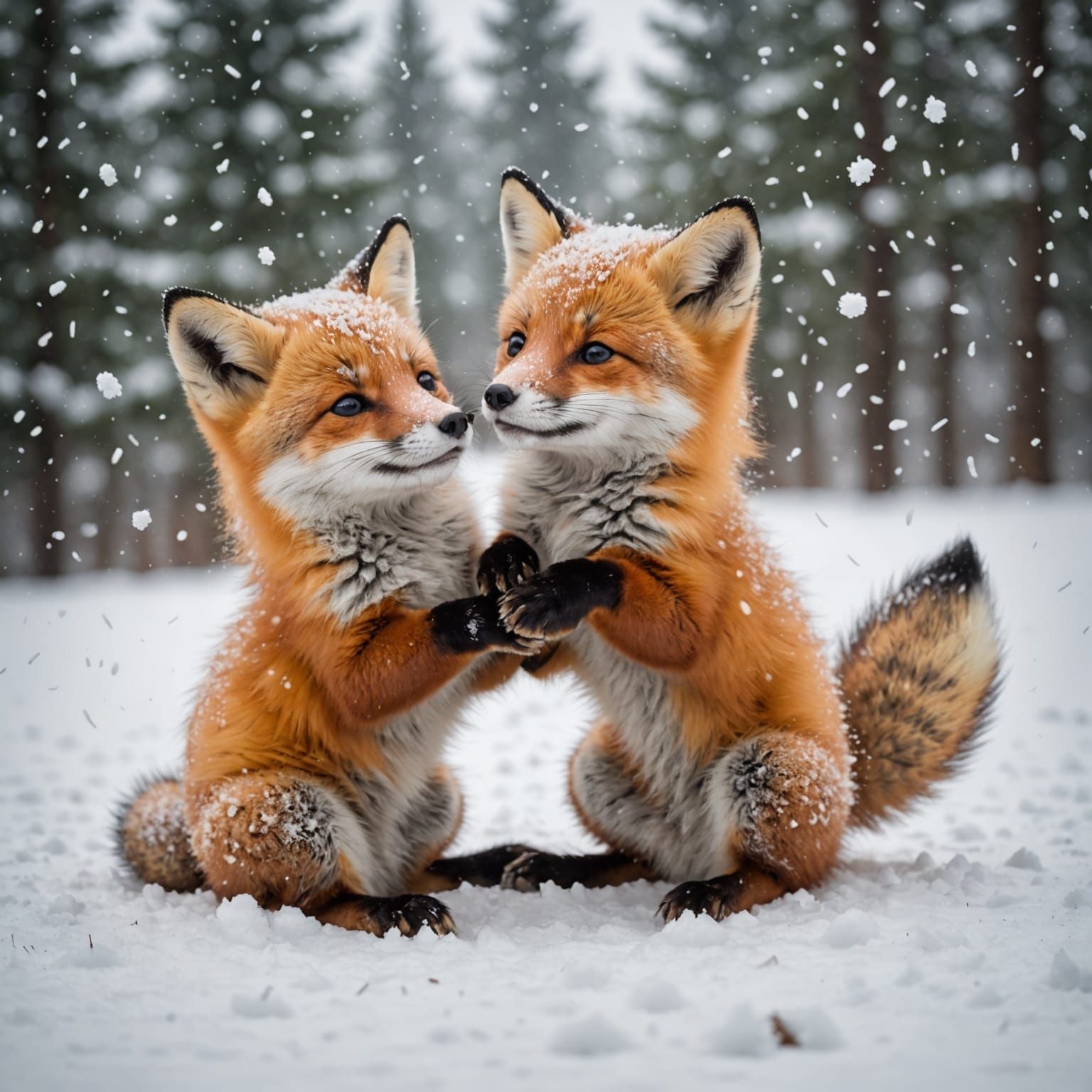 Foxes Play in Snowy Winter Forest Scene