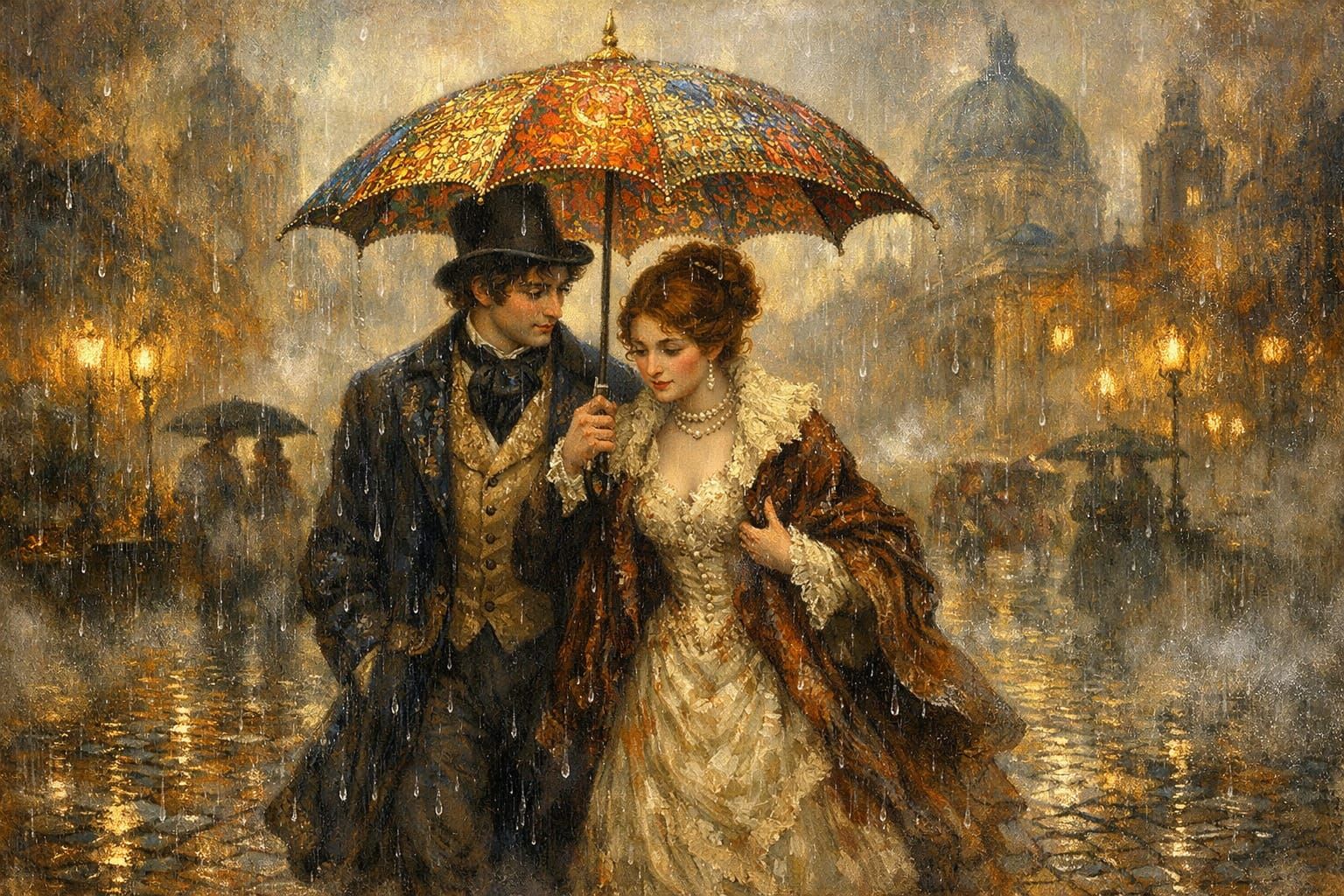 Victorian Couple Under Umbrella in Romantic Rain