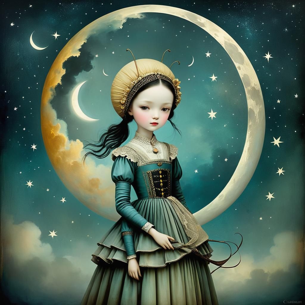 Surreal Moonlit Scene in Whimsical Style