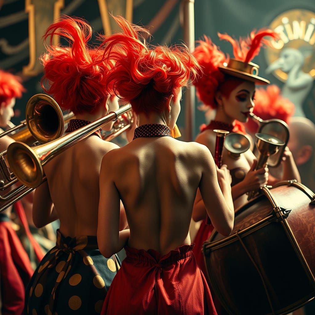 Mysterious Circus Band of Redhead Clowns in Dark Fantasy Sty...