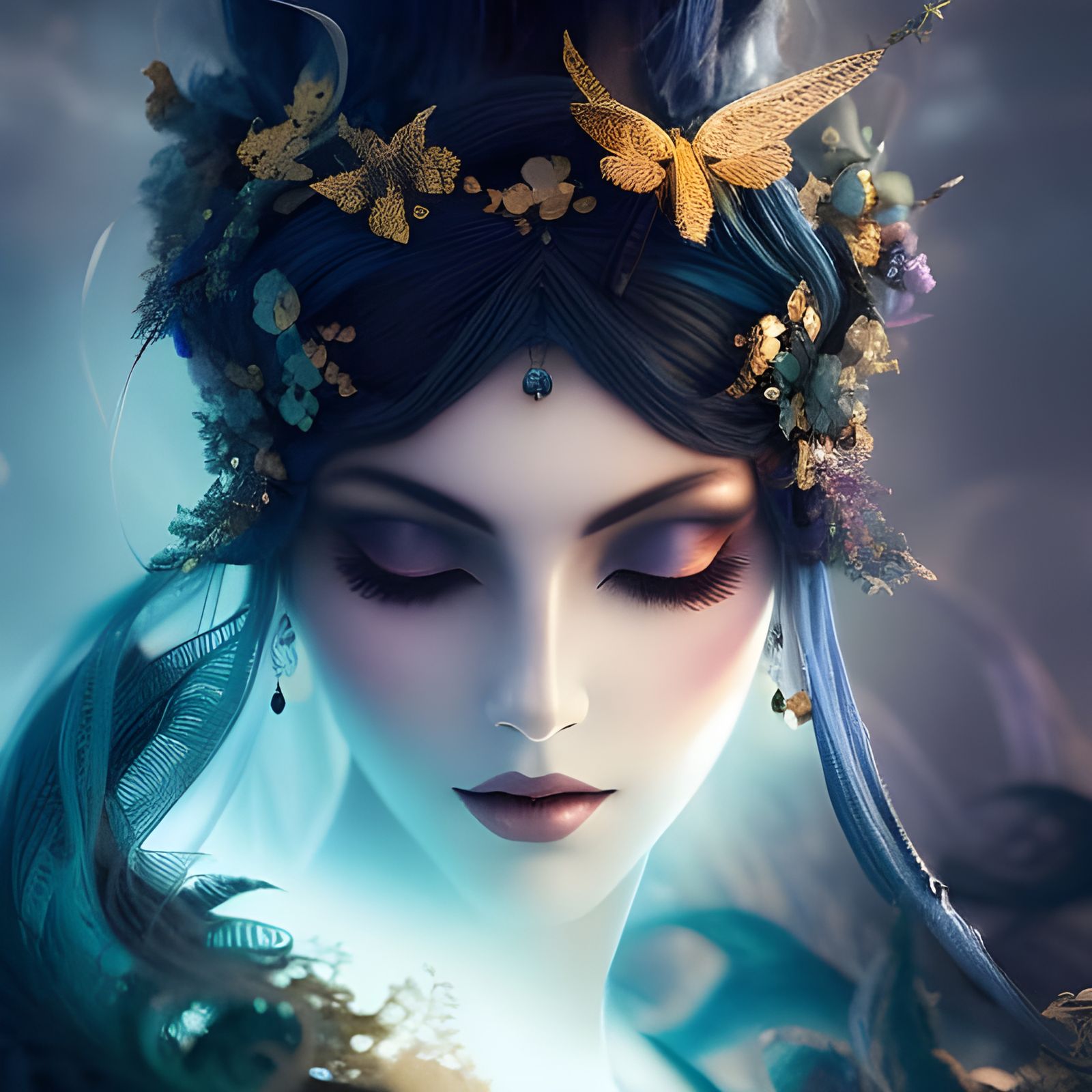 Shadow Woman Silhouette with Lanterns in Fantasycore Style