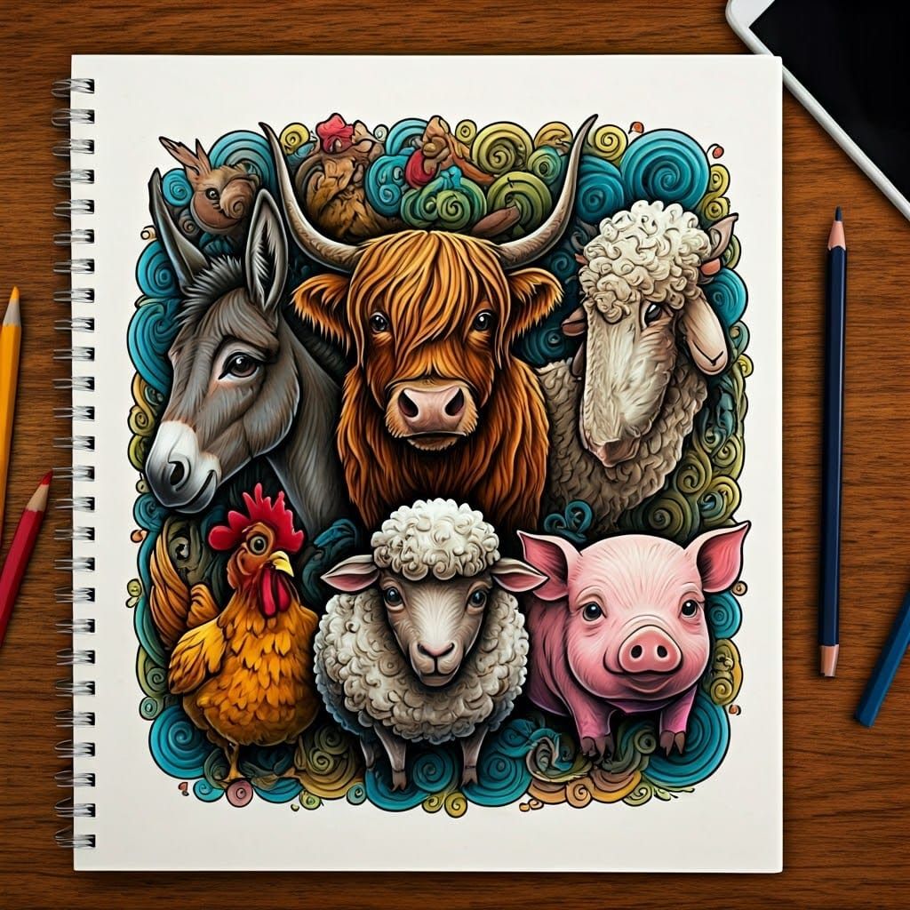 Farm Animals Doodles in Colored Pencil Style