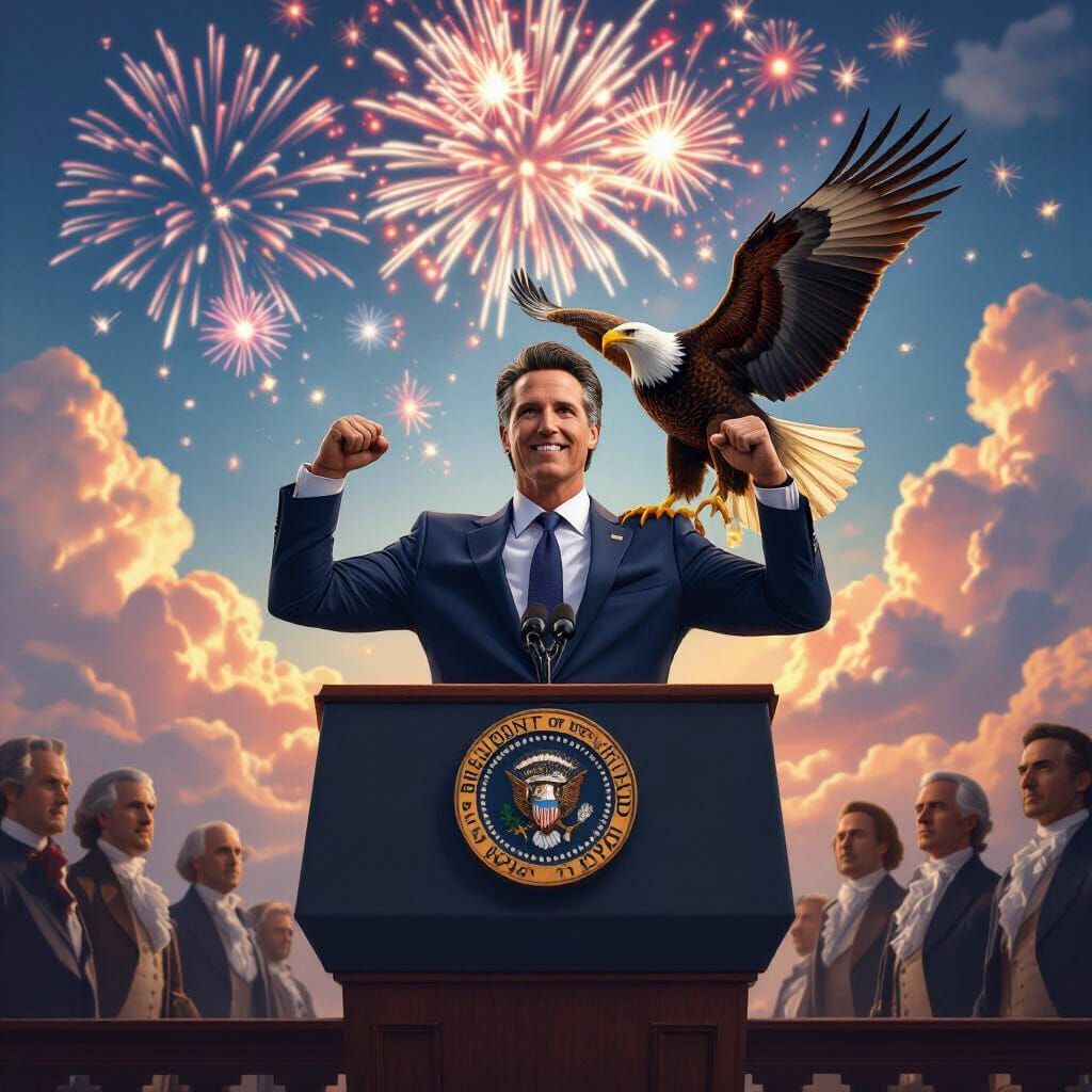 President Newsom Flexing with Eagle, Fantasy Art Style