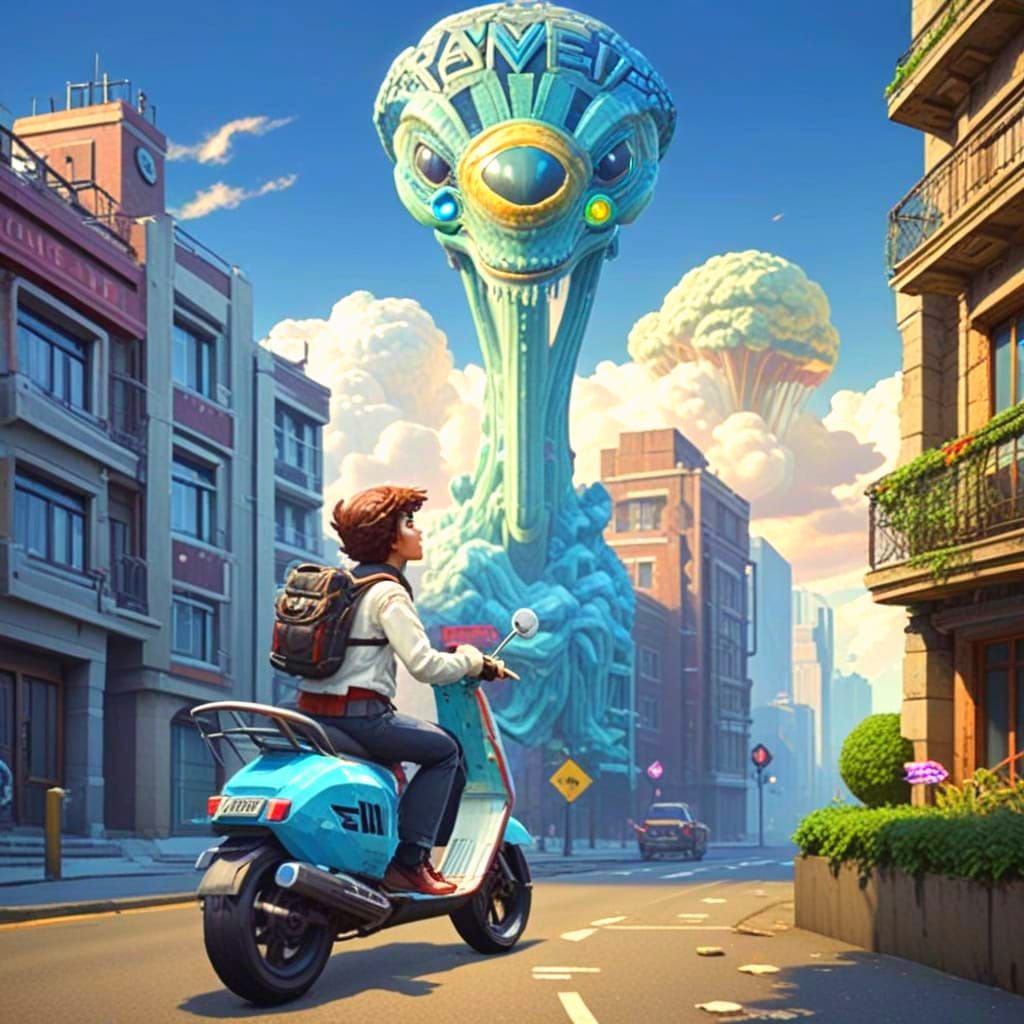 Lost Alien's Perilous Scooter Adventure in Art Nouveau City