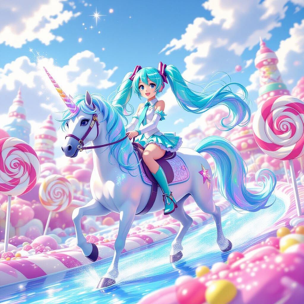 Hatsune Miku Rides Iridescent Unicorn in Candy Dreamscape