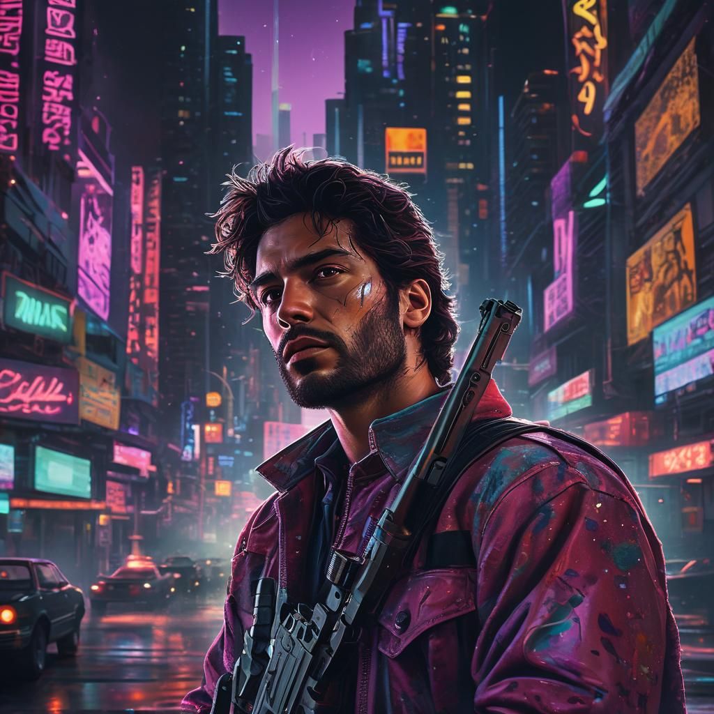 Man with Gun in 80s Miami Neon Cityscape