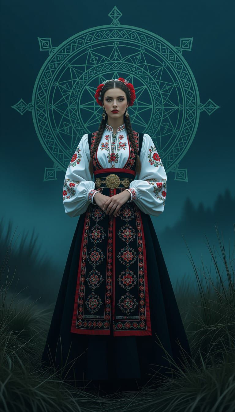 Georgian Woman in Folk Costume in Surreal Landscape