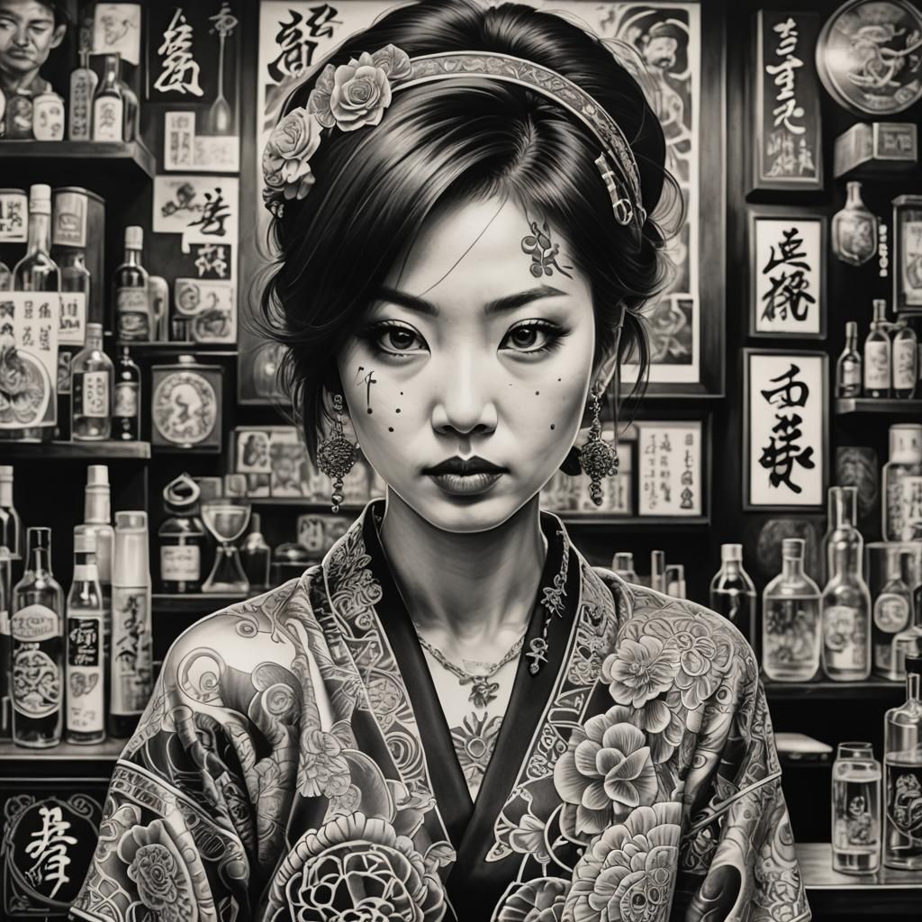 Exotic Japanese Bar Portrait in Shohei Otomo Style