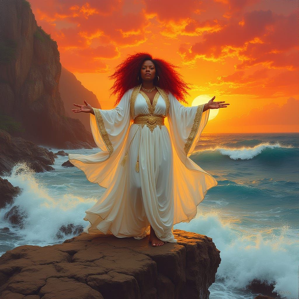 Afrofuturist Woman Silhouetted Against Sunset