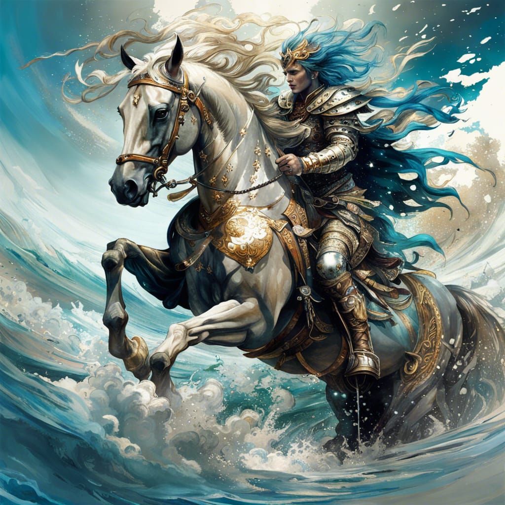 Majestic Armored Centaur Galloping on Blue Ocean