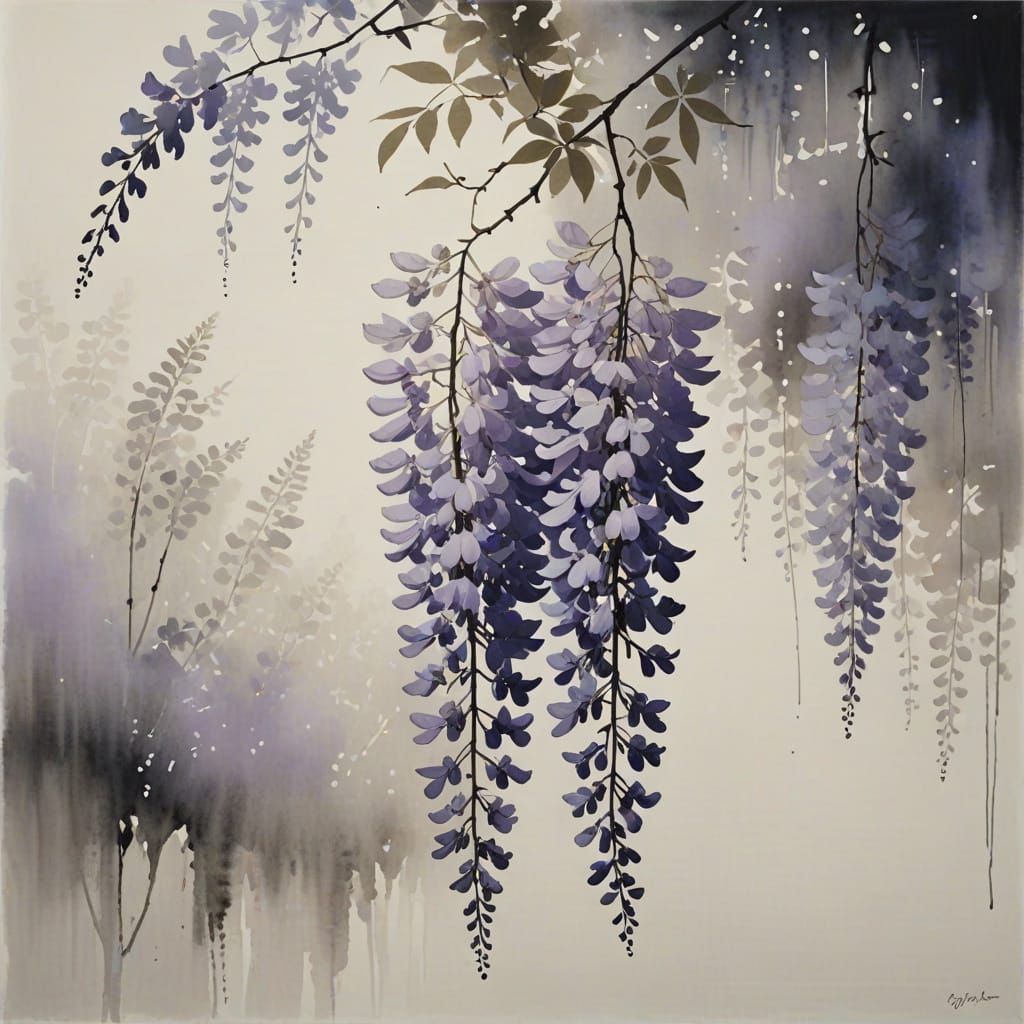 Tranquil Wisteria Blossoms in Minimalist Yamato-e Style