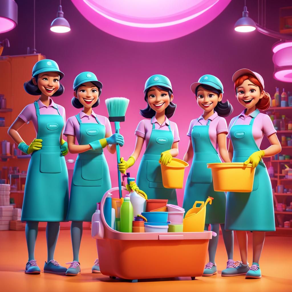 Smiling Cleaning Ladies in Bright 3D Rendered Style