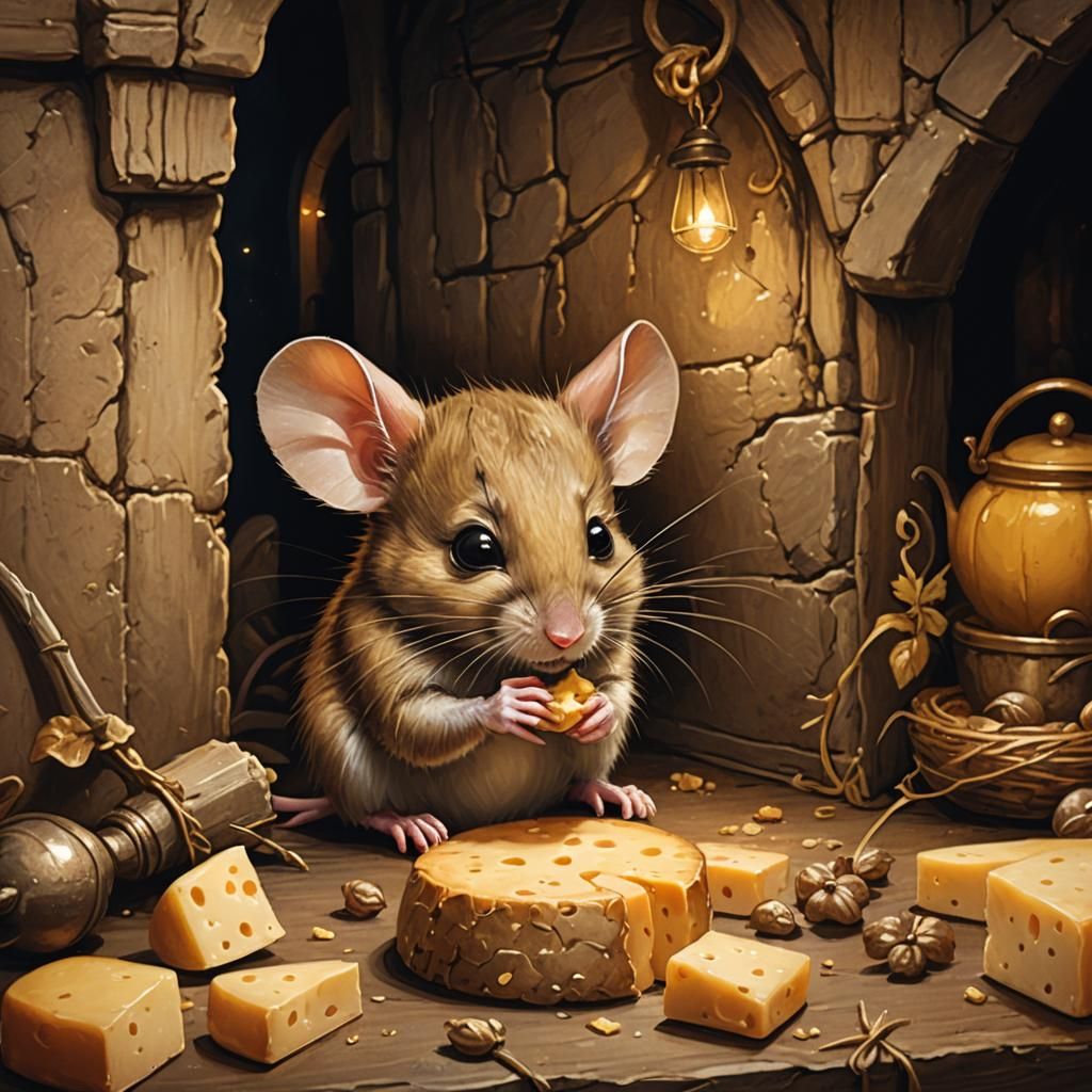 Cute Mouse Eating Cheese in Cozy Mousehole