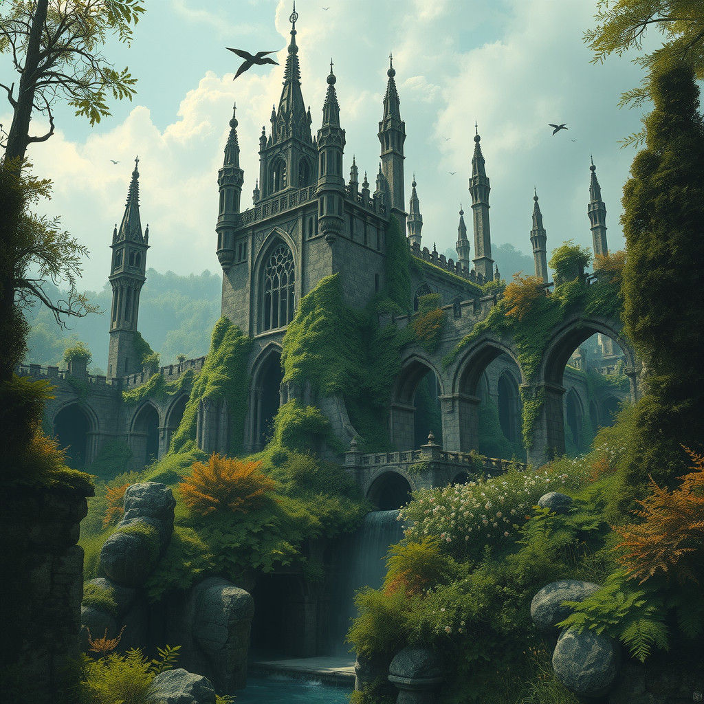 Mystical Elven Ruins in Overgrown Landscape