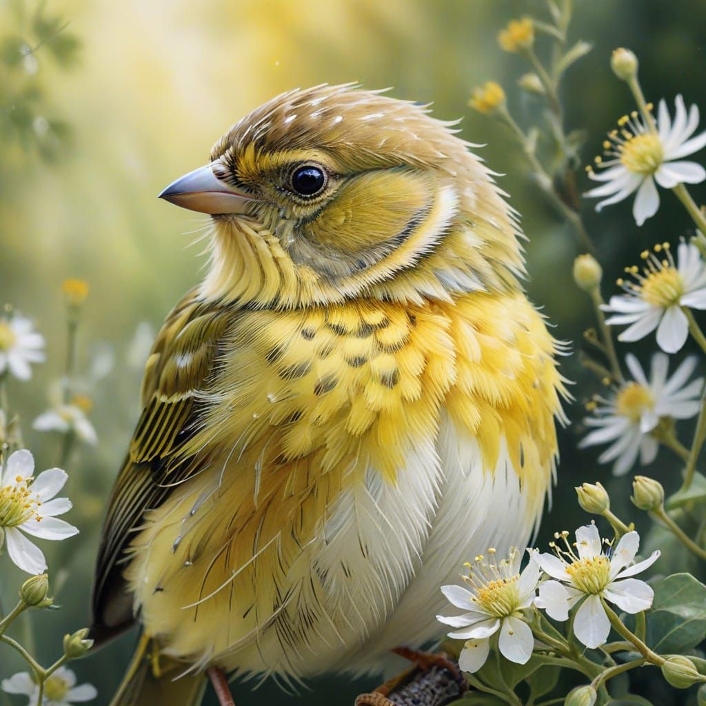 Watercolor Portrait of a Yellow Bunting in Bloom