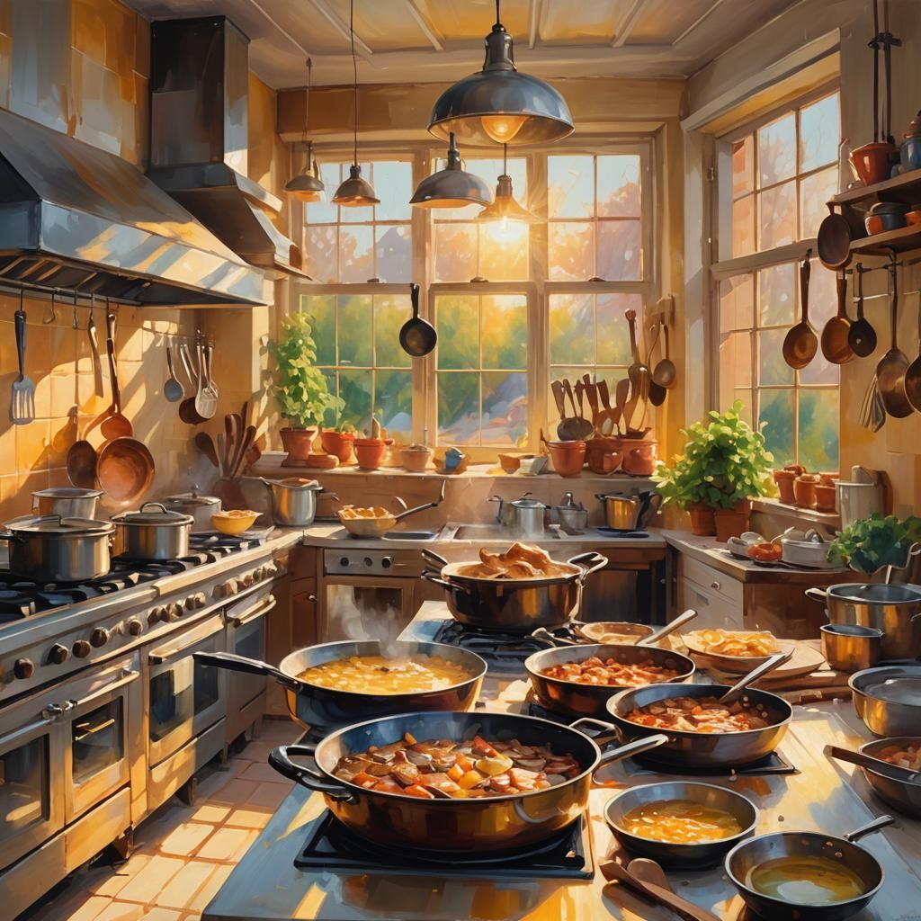 Golden Hour: Cooks Prepare Food as Vibrant Oil Painting