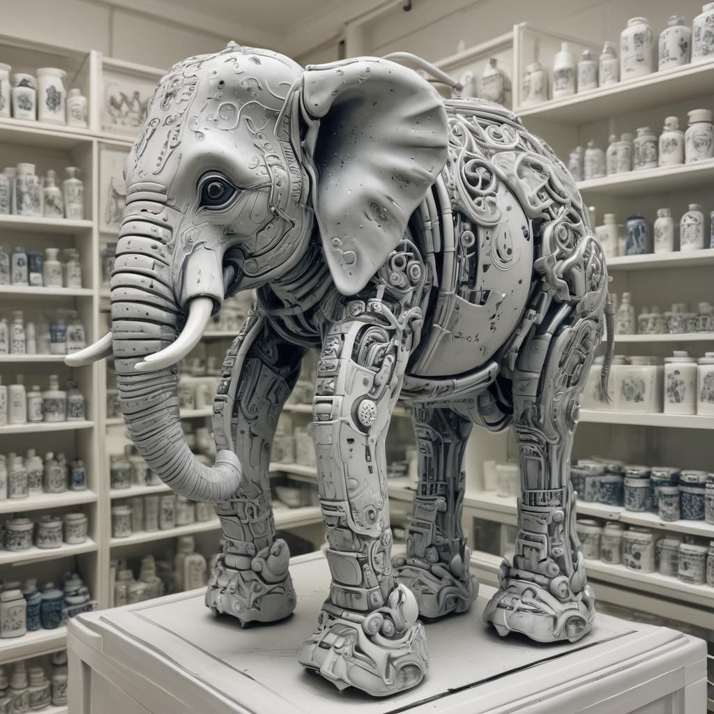 A robot elephant in a porcelain store, clean ink airbrush st...