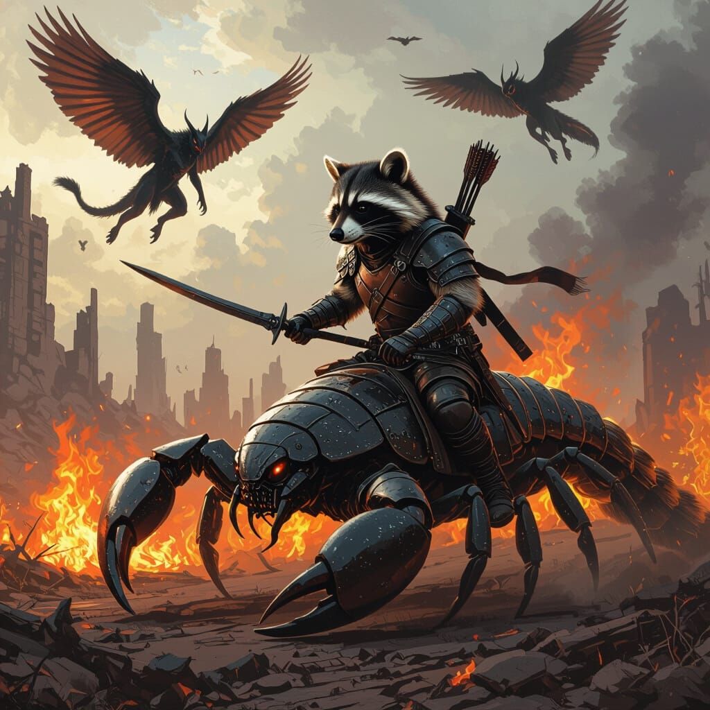 Armored Raccoon Rides Scorpion into Battle