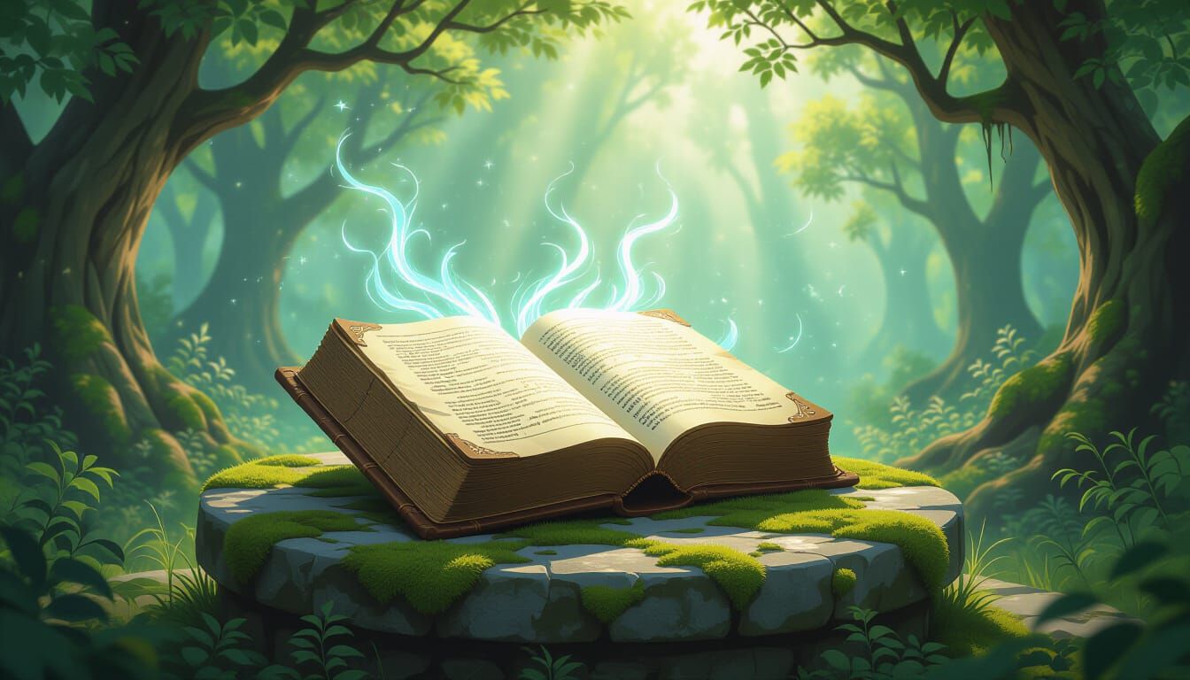 Glowing Rune Tome in Enchanted Forest Clearing