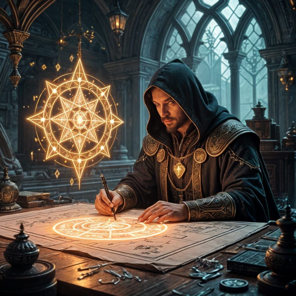 Mage Designs Glowing Runes on Floating Blueprint in Mystical...