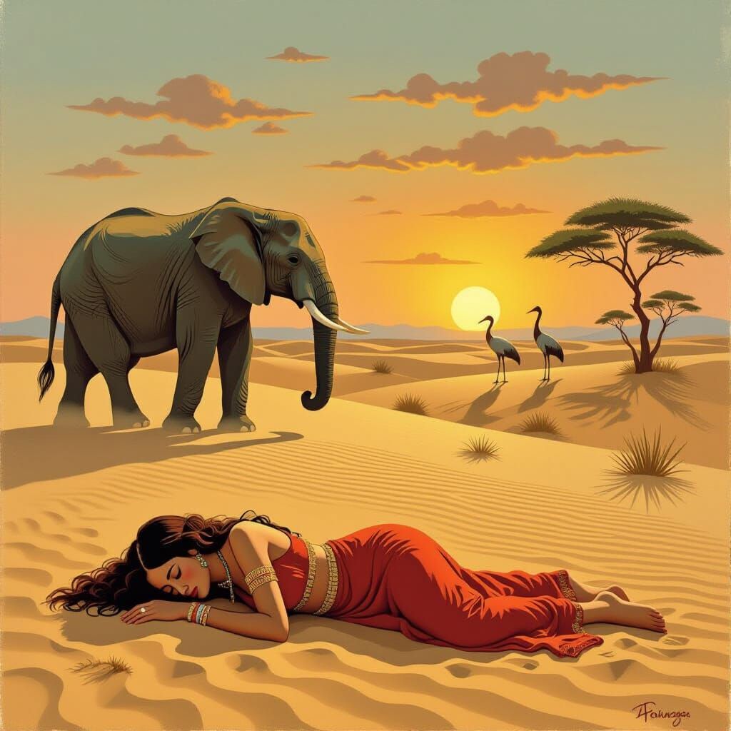 Gypsy Woman Sleeps in African Desert as Elephant Passes