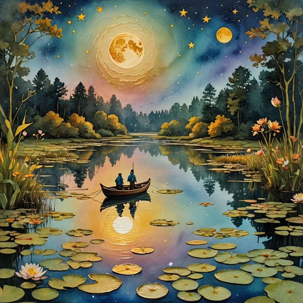 Miniature River Scene in Luminous Watercolor Style