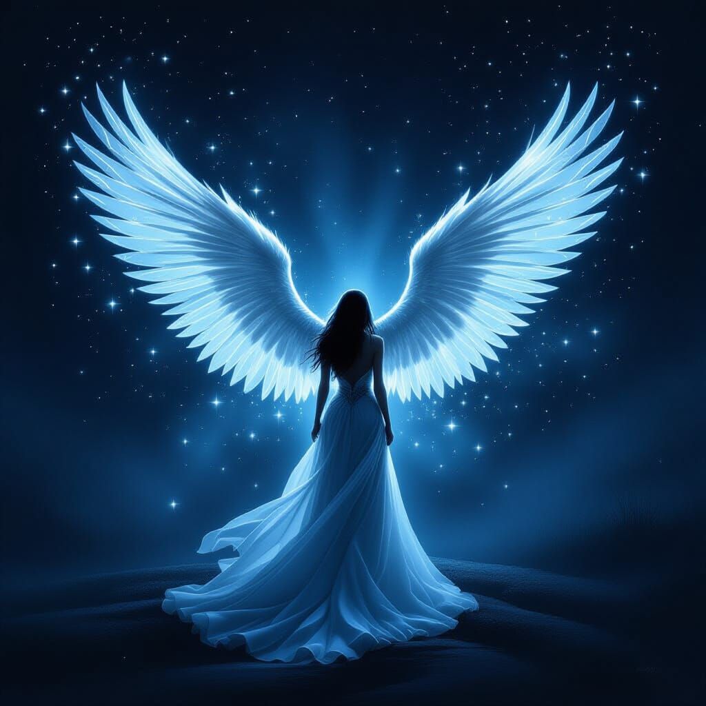Abstract Angel Spreading Wings in Dark Landscape