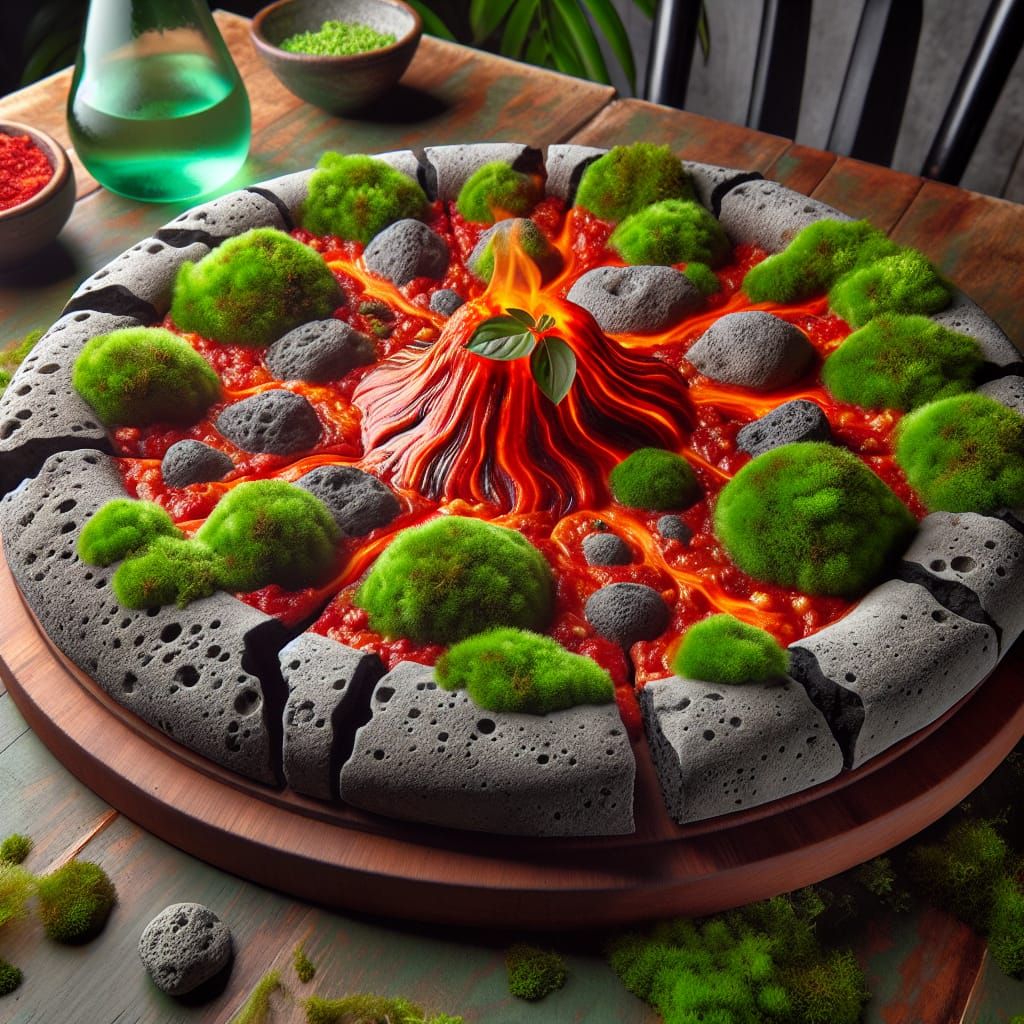 Unique Stone Base Pizza with Lava Sauce and Moss
